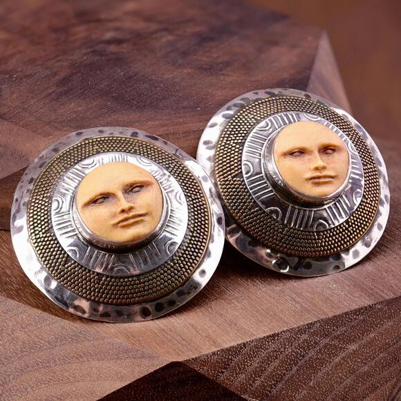 Vintage Tabra Artisan Large Moon Face Goddess Shield Clip Earrings Silver Brass